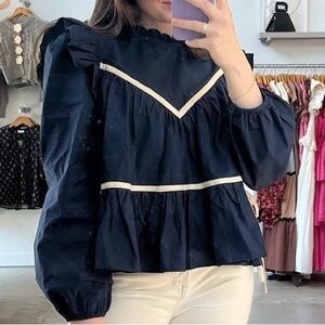 Elegant Navy Blouse with Cream Trim